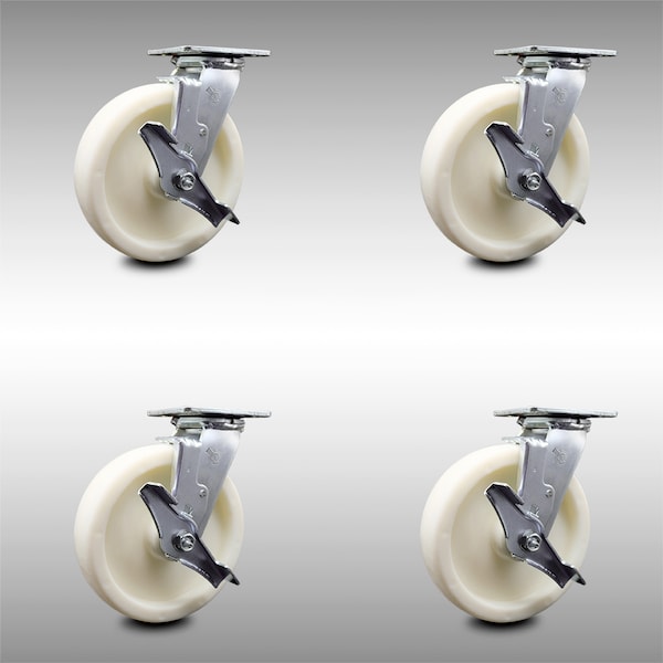8 Inch Stainless Steel Nylon Swivel Caster Set with Roller Bearings and Brakes